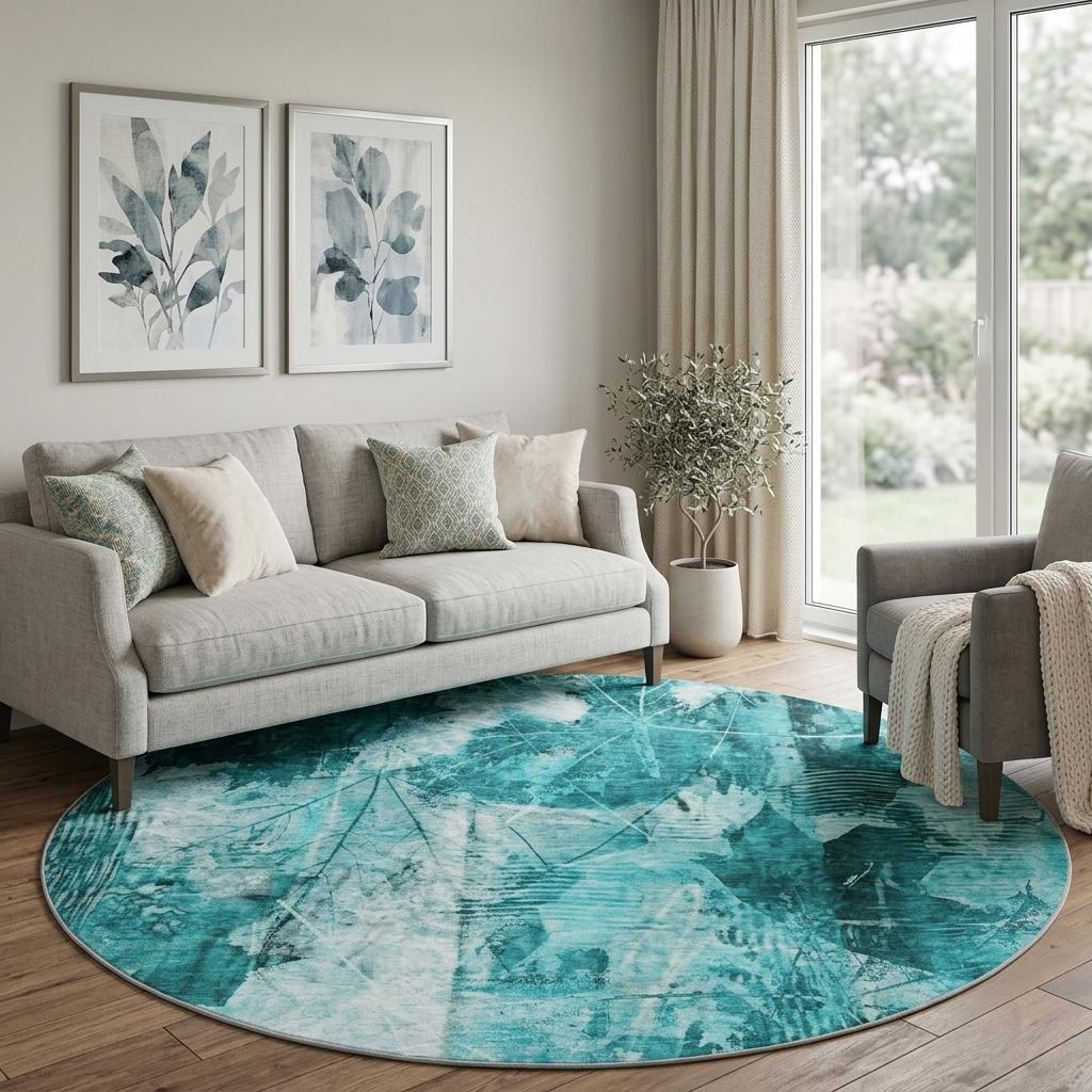 8' Teal And Ivory Floral Shag Washable Round Rug With UV Protection - HomeRoots - Flyclothing LLC