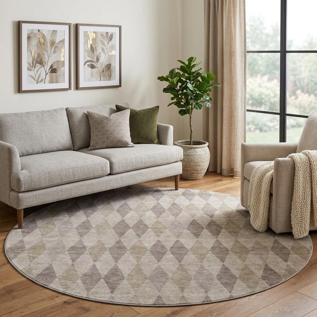 8' Beige And Gray Geometric Shag Washable Round Rug With UV Protection - HomeRoots - Flyclothing LLC