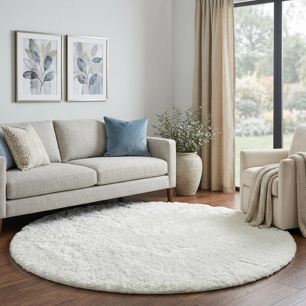 8' Ivory And Gray Geometric Shag Washable Round Rug With UV Protection - HomeRoots - Flyclothing LLC