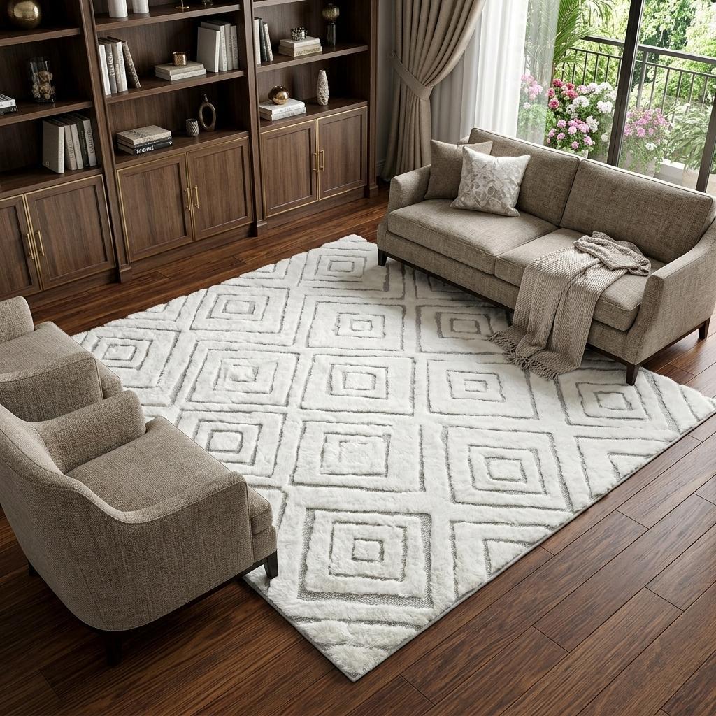 8' X 10' Ivory And Gray Geometric Shag Washable Area Rug With UV Protection - HomeRoots - Flyclothing LLC