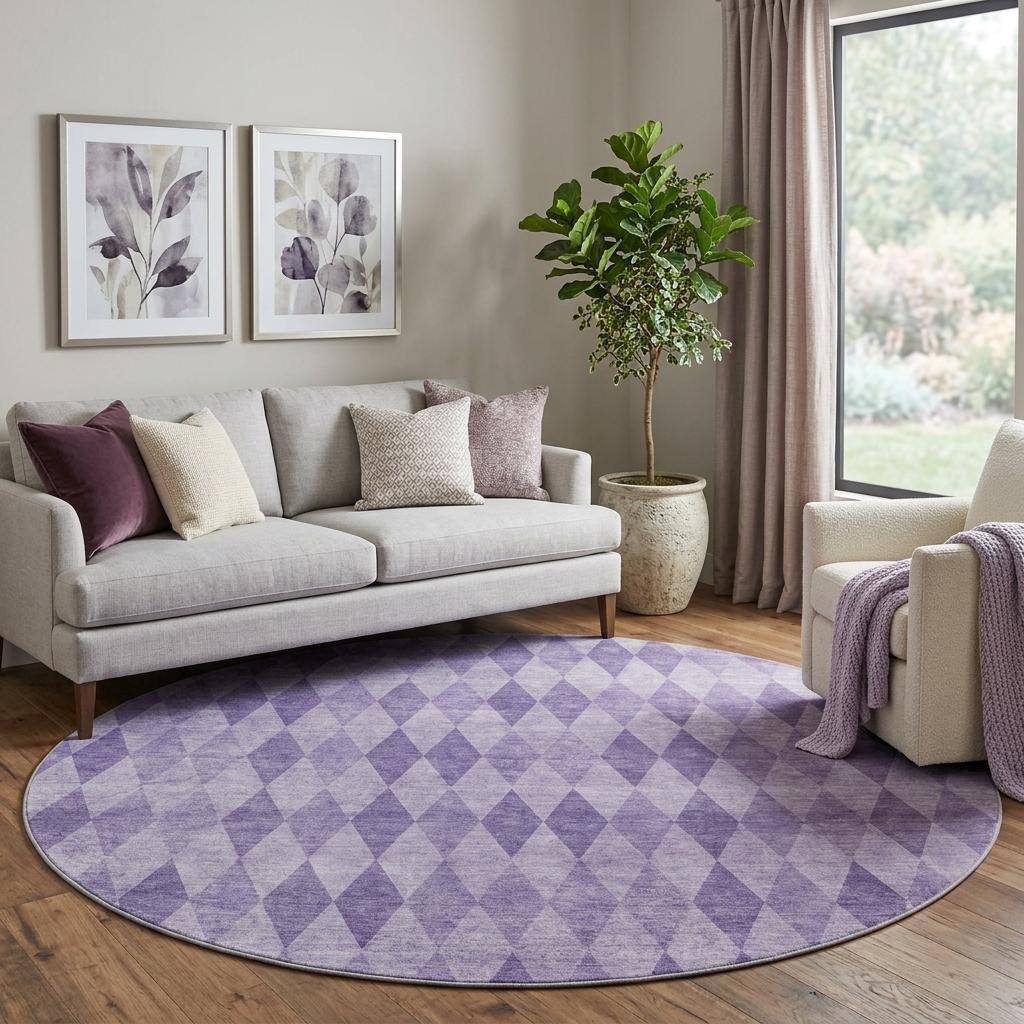 8' Purple And Lavender Geometric Shag Washable Round Rug With UV Protection - HomeRoots - Flyclothing LLC