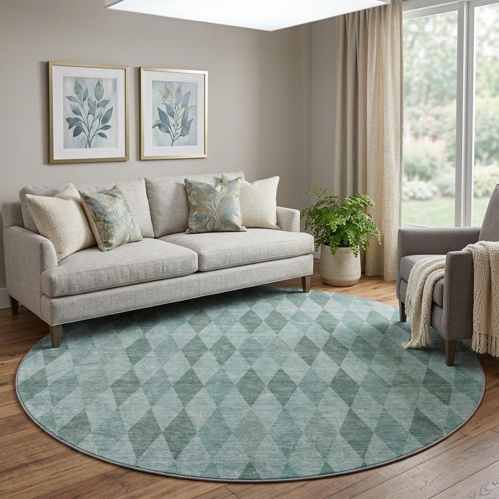 8' Teal And Gray Geometric Shag Washable Round Rug With UV Protection - HomeRoots - Flyclothing LLC