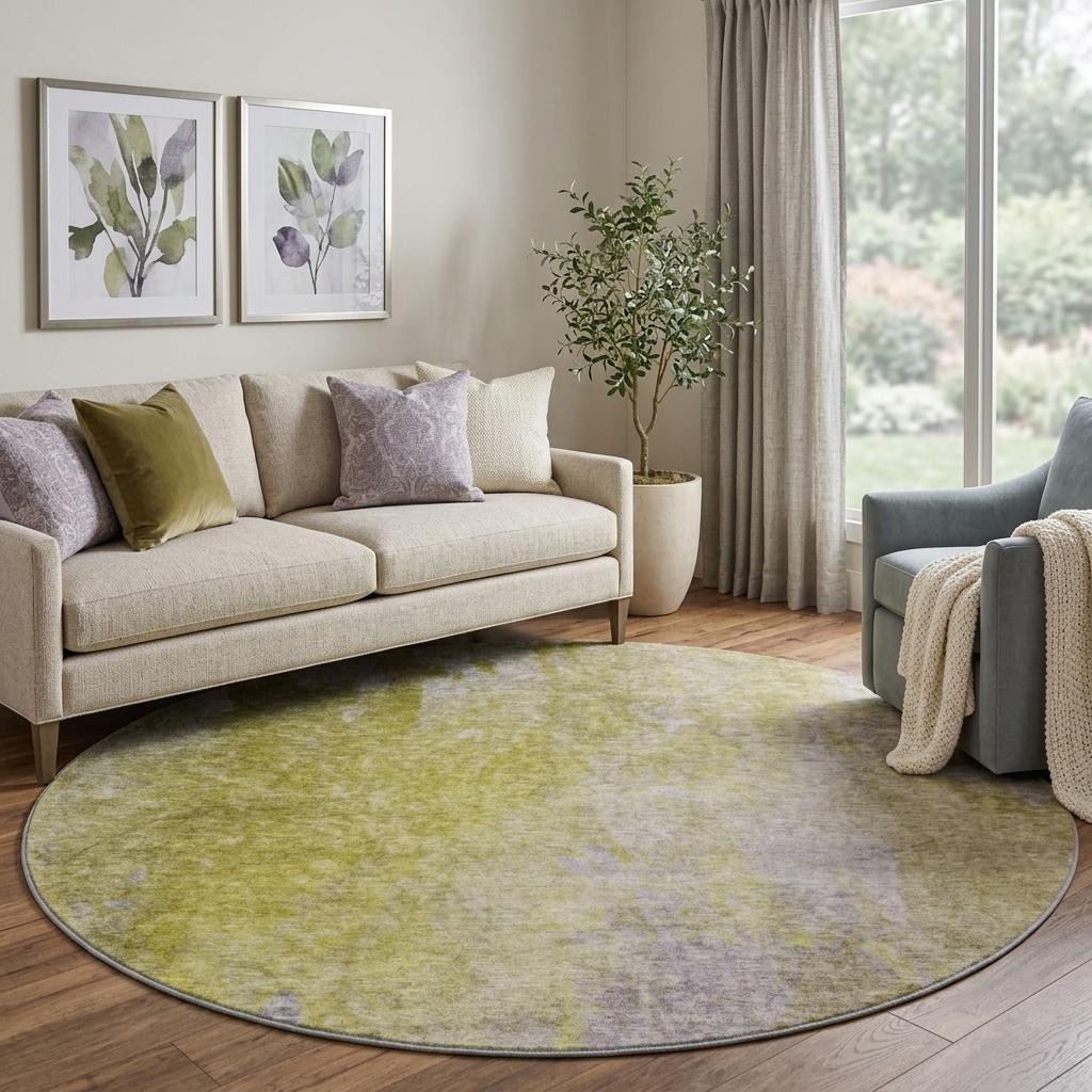 8' Gold And Beige Abstract Shag Washable Round Rug With UV Protection - HomeRoots - Flyclothing LLC