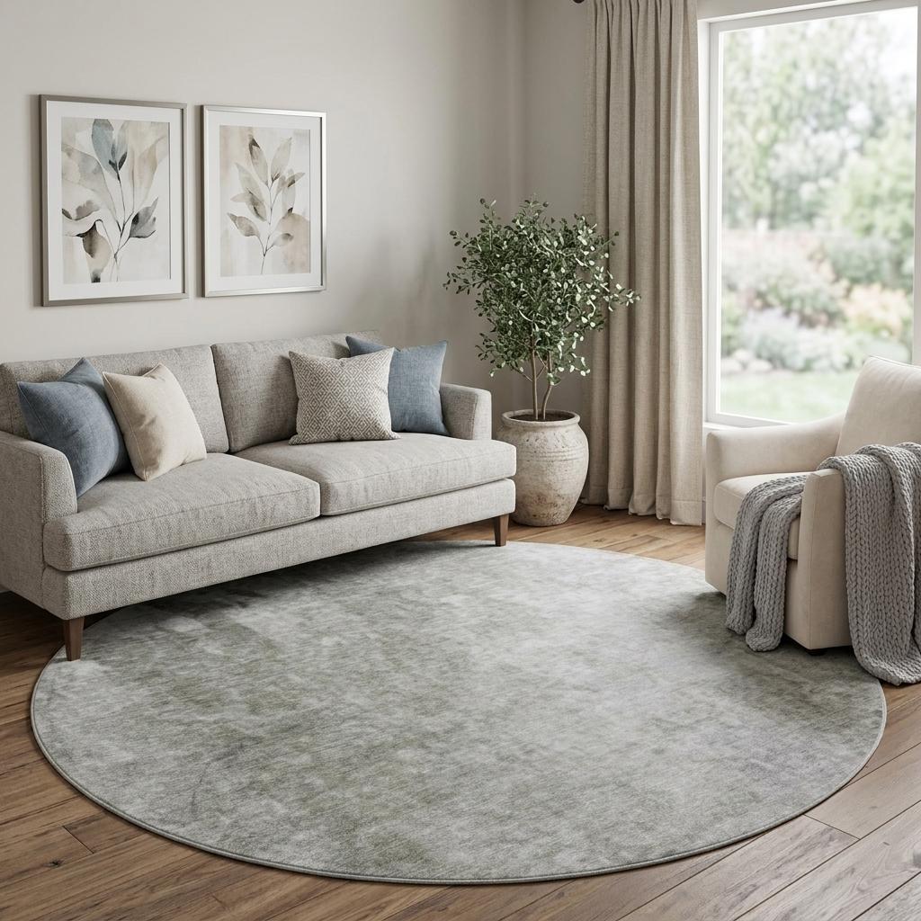 8' Gray And Silver Abstract Shag Washable Round Rug With UV Protection