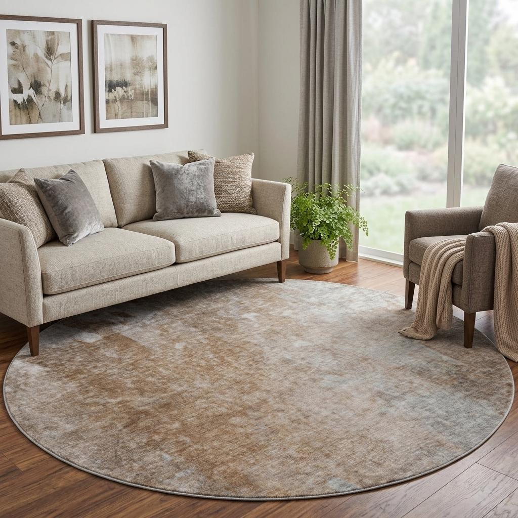 8' Brown And Beige Abstract Shag Washable Round Rug With UV Protection - HomeRoots - Flyclothing LLC