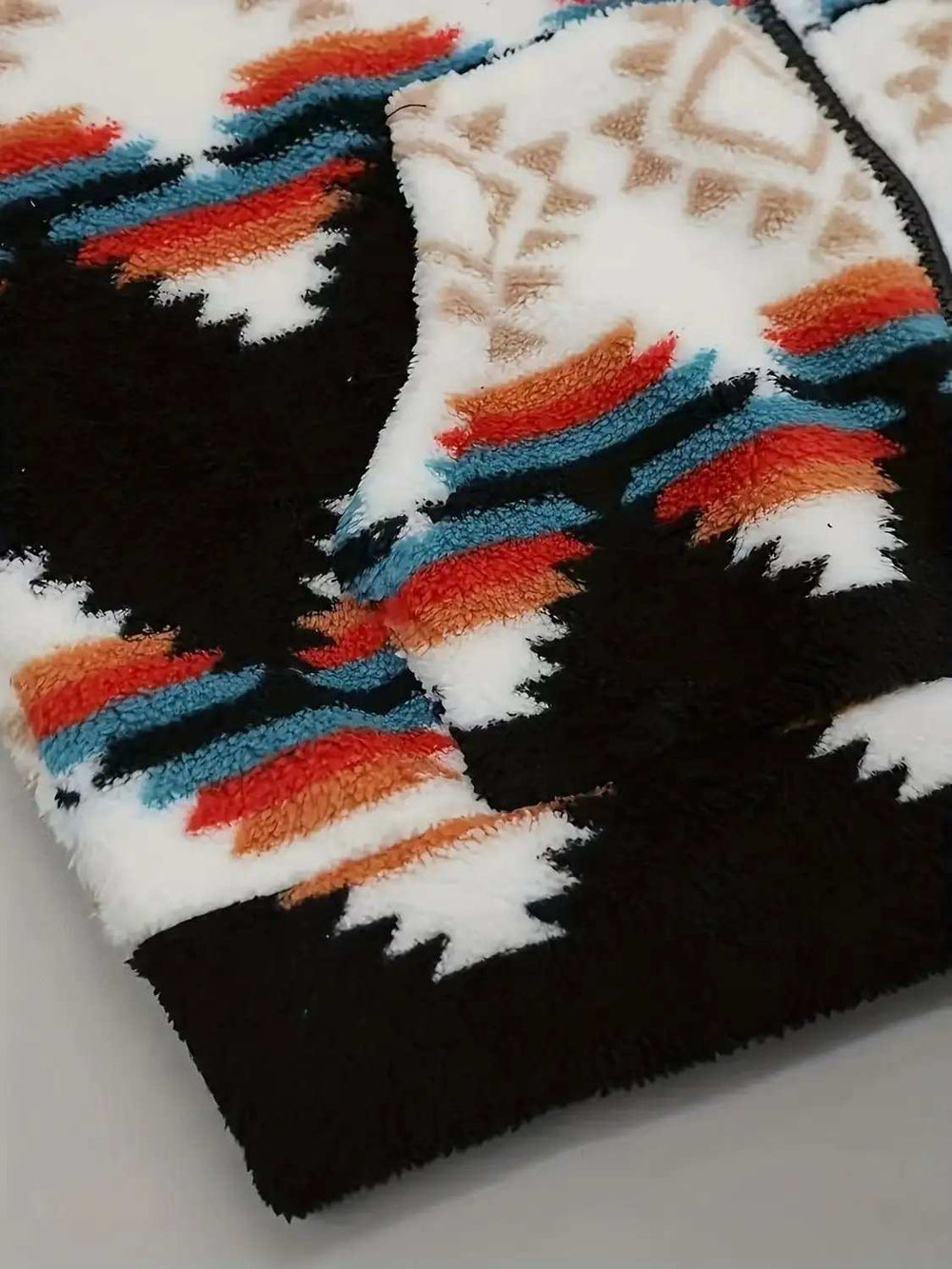 Geometric Zip Up Hooded Sherpa Jacket - Trendsi - Flyclothing LLC