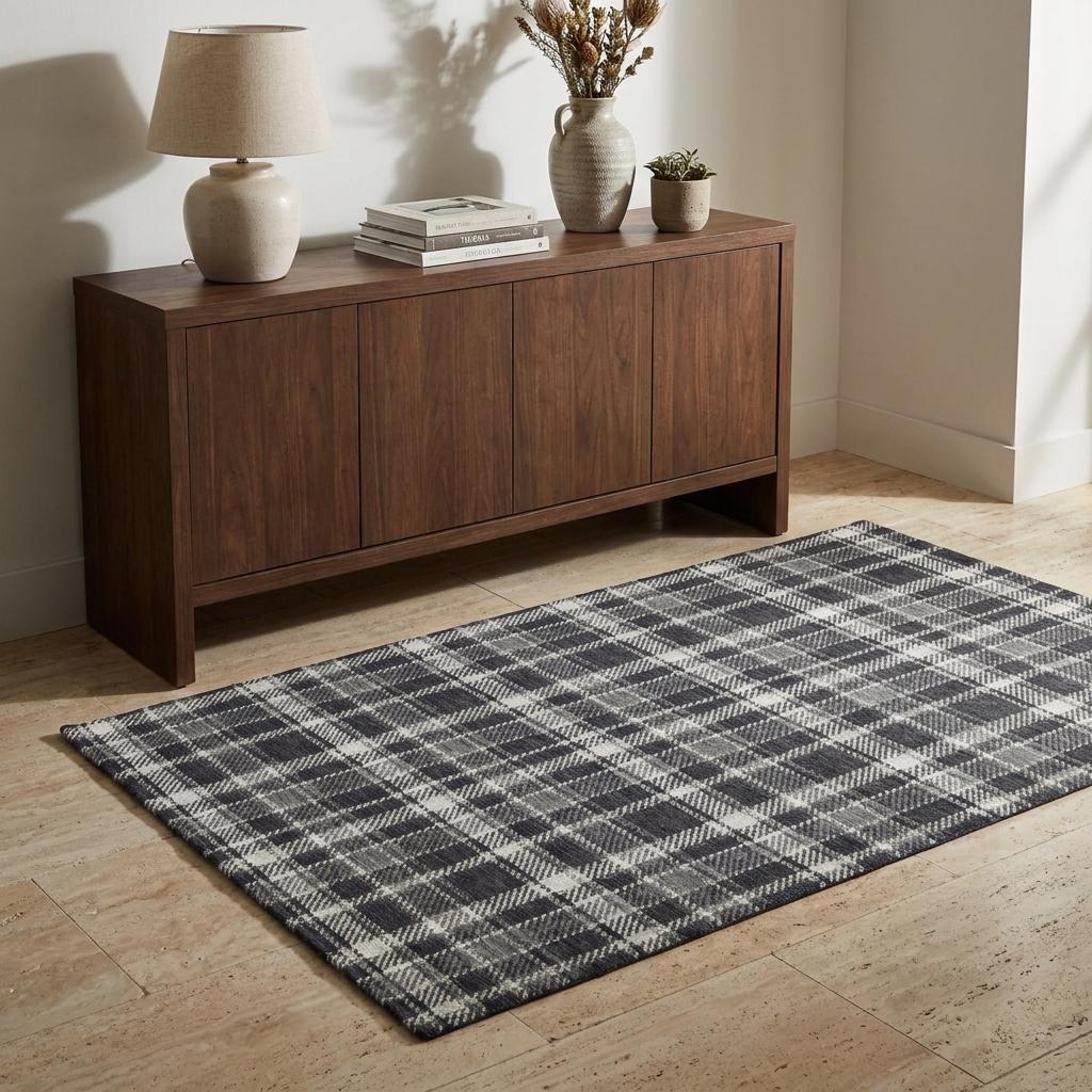 3' X 5' Black And Gray Plaid Shag Washable Area Rug With UV Protection - HomeRoots - Flyclothing LLC
