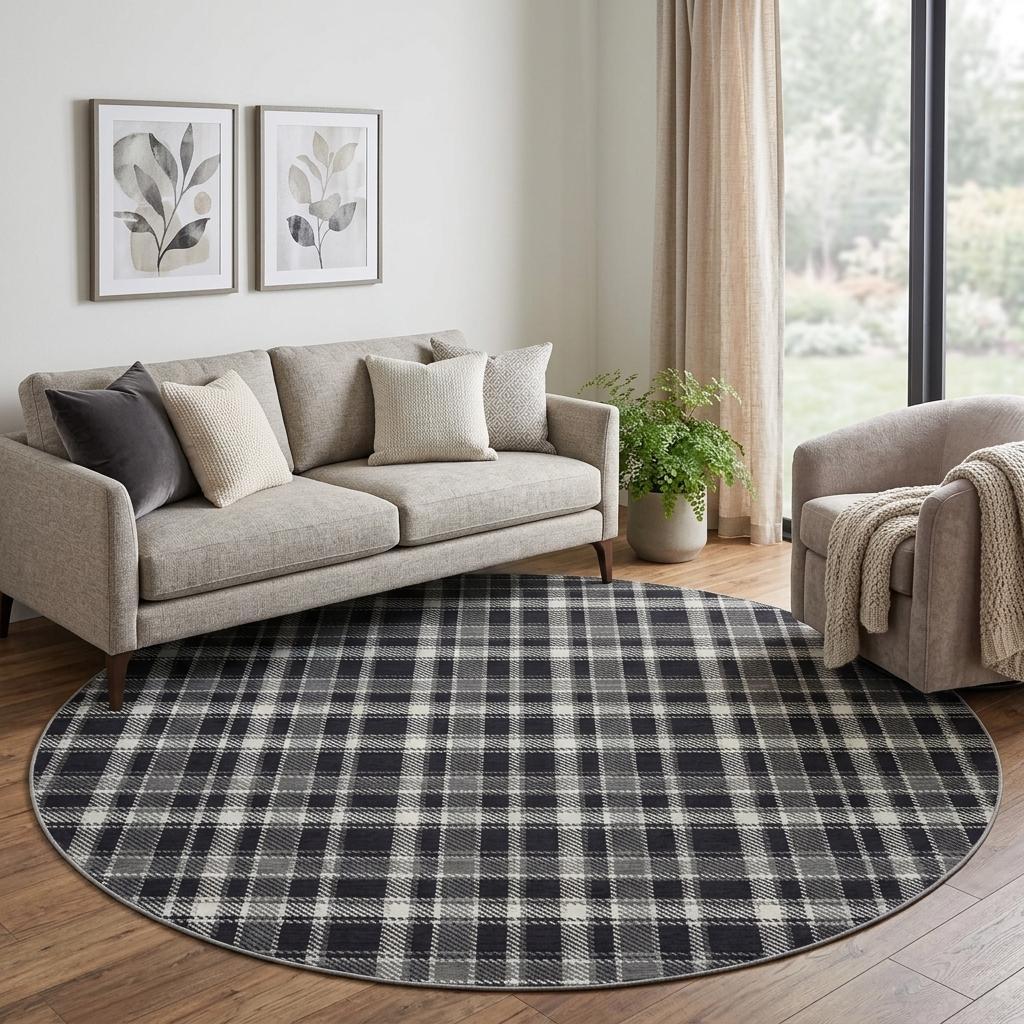8' Black And Gray Plaid Shag Washable Round Rug With UV Protection - HomeRoots - Flyclothing LLC