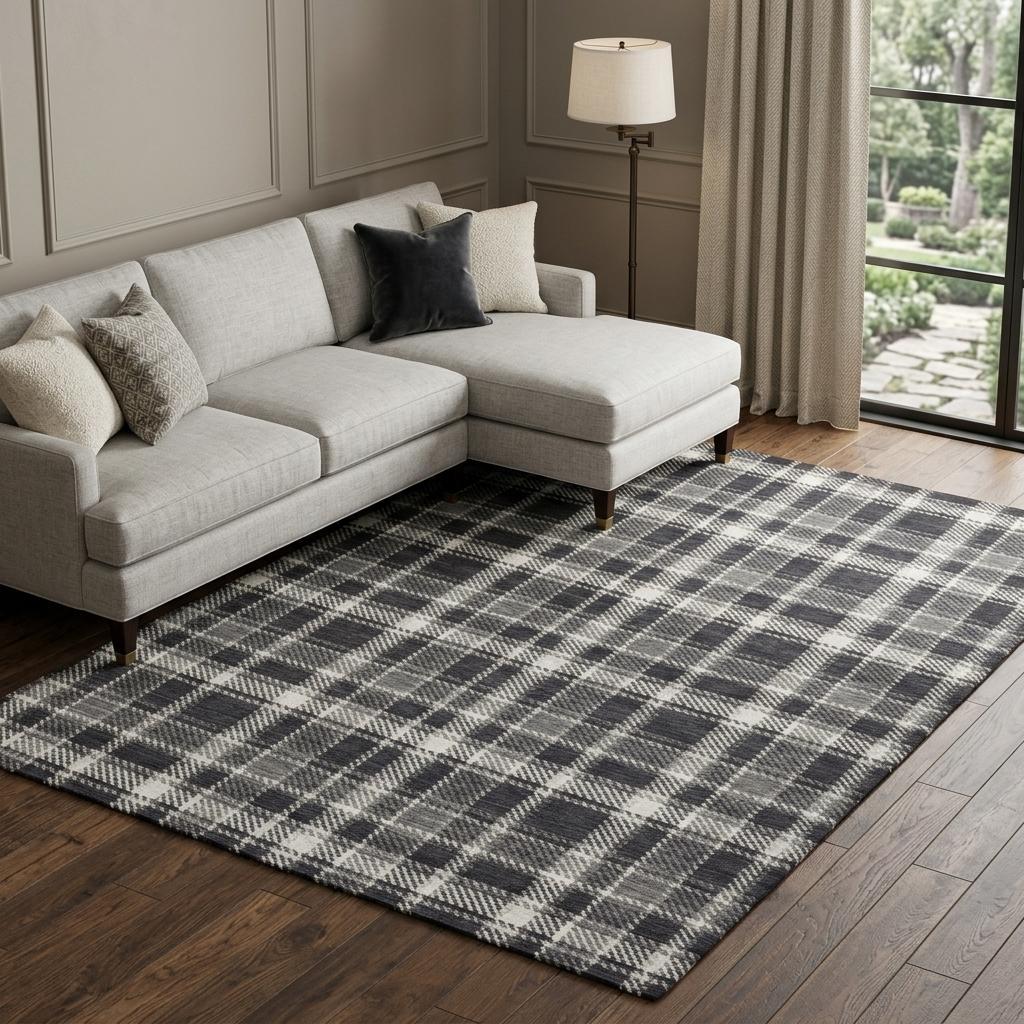 9' X 12' Black And Gray Plaid Shag Washable Area Rug With UV Protection - HomeRoots - Flyclothing LLC