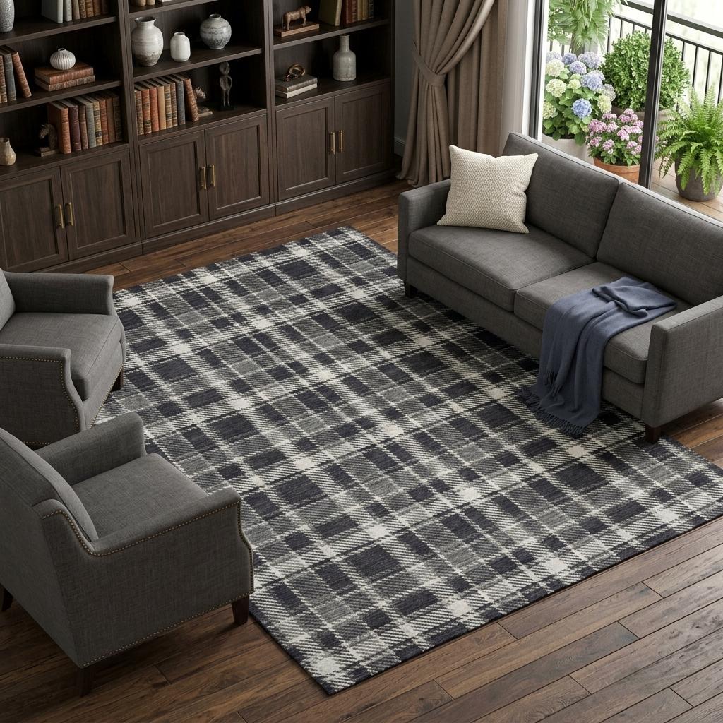10' X 14' Black And Gray Plaid Shag Washable Area Rug With UV Protection - HomeRoots - Flyclothing LLC
