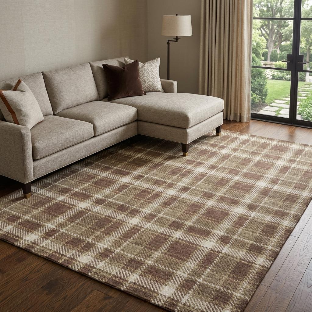 8' X 10' Chocolate And Taupe Plaid Shag Washable Area Rug With UV Protection - HomeRoots - Flyclothing LLC