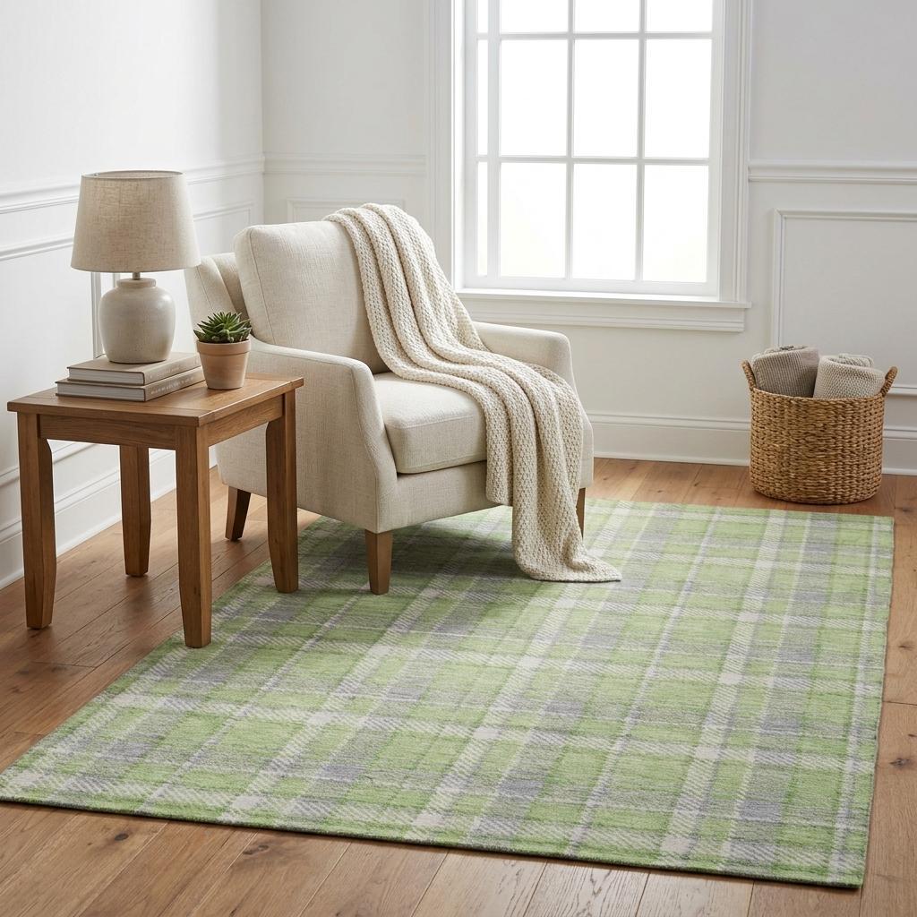5' X 8' Green And Beige Plaid Shag Washable Area Rug With UV Protection - HomeRoots - Flyclothing LLC