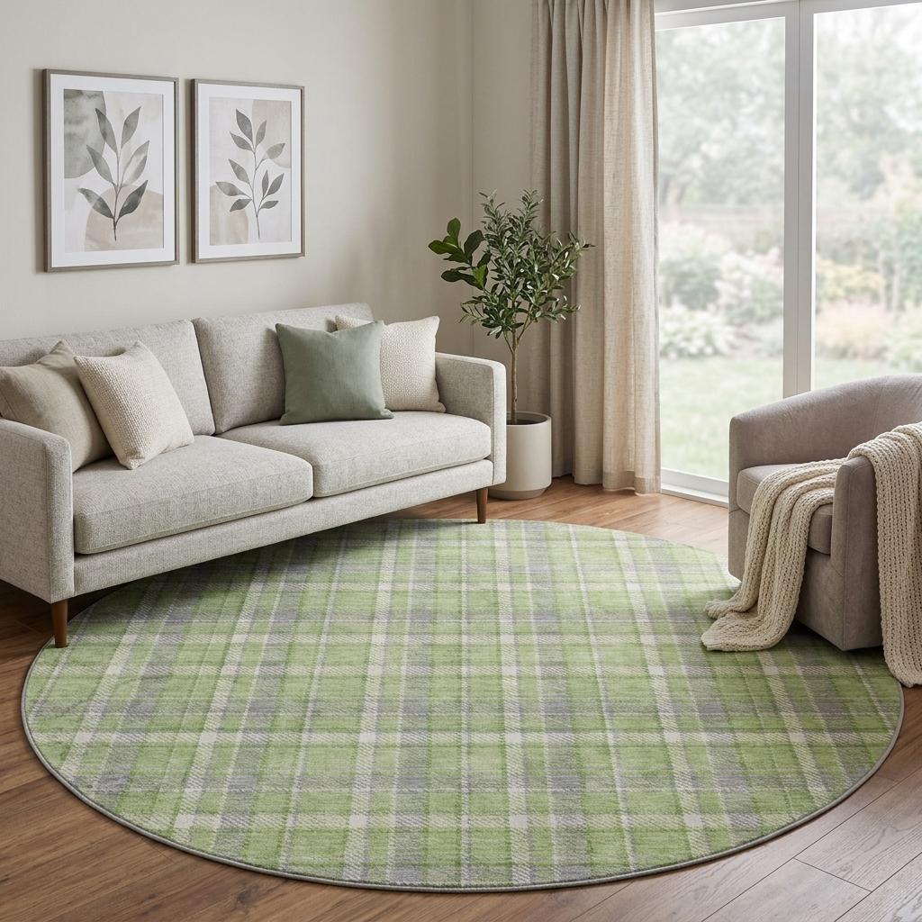 8' Green And Beige Plaid Shag Washable Round Rug With UV Protection - HomeRoots - Flyclothing LLC