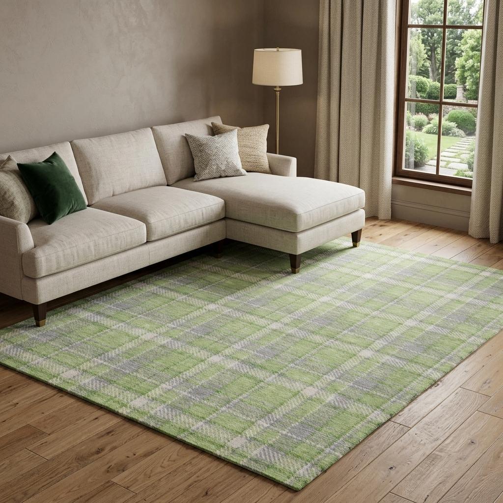 8' X 10' Green And Beige Plaid Shag Washable Area Rug With UV Protection - HomeRoots - Flyclothing LLC