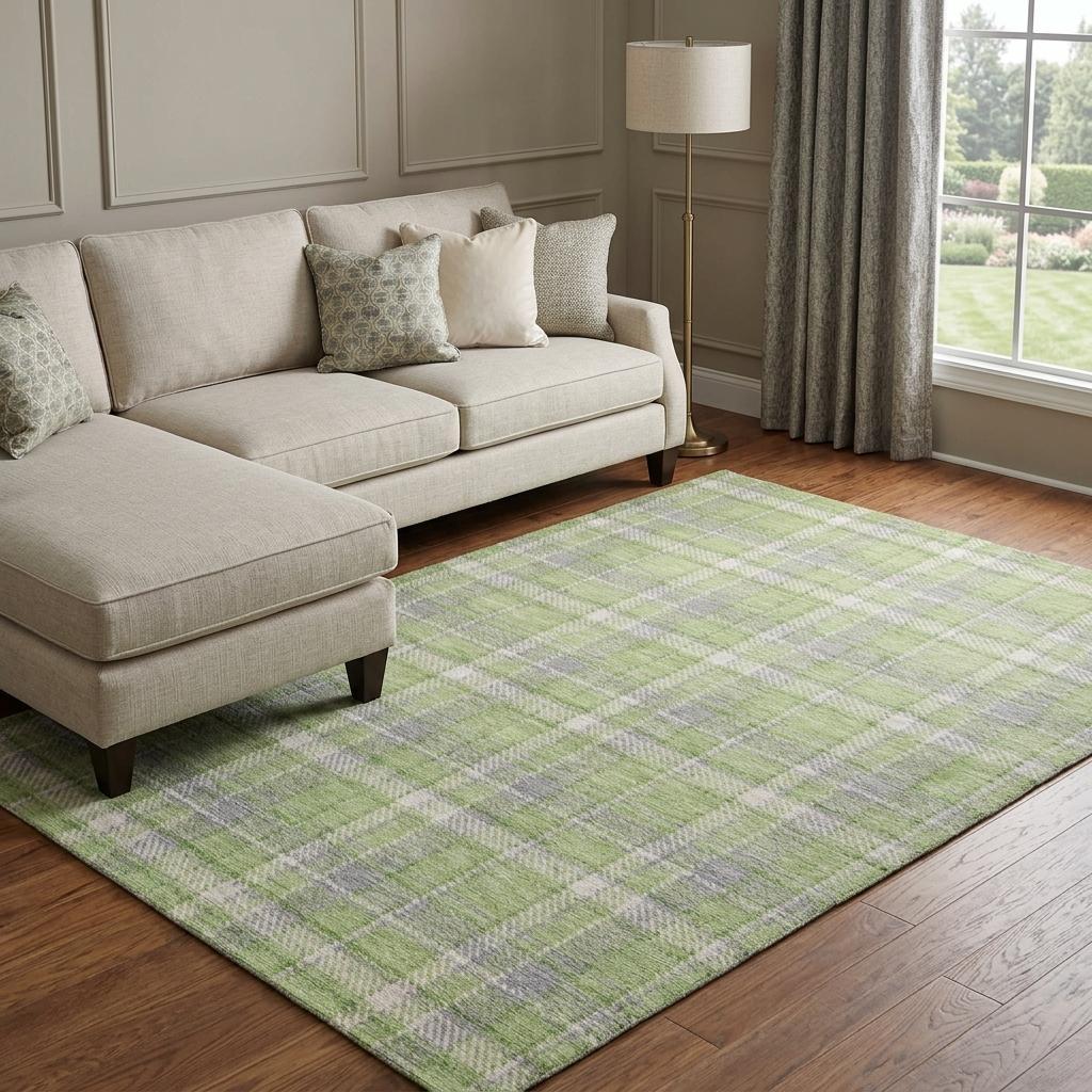 9' X 12' Green And Beige Plaid Shag Washable Area Rug With UV Protection - HomeRoots - Flyclothing LLC
