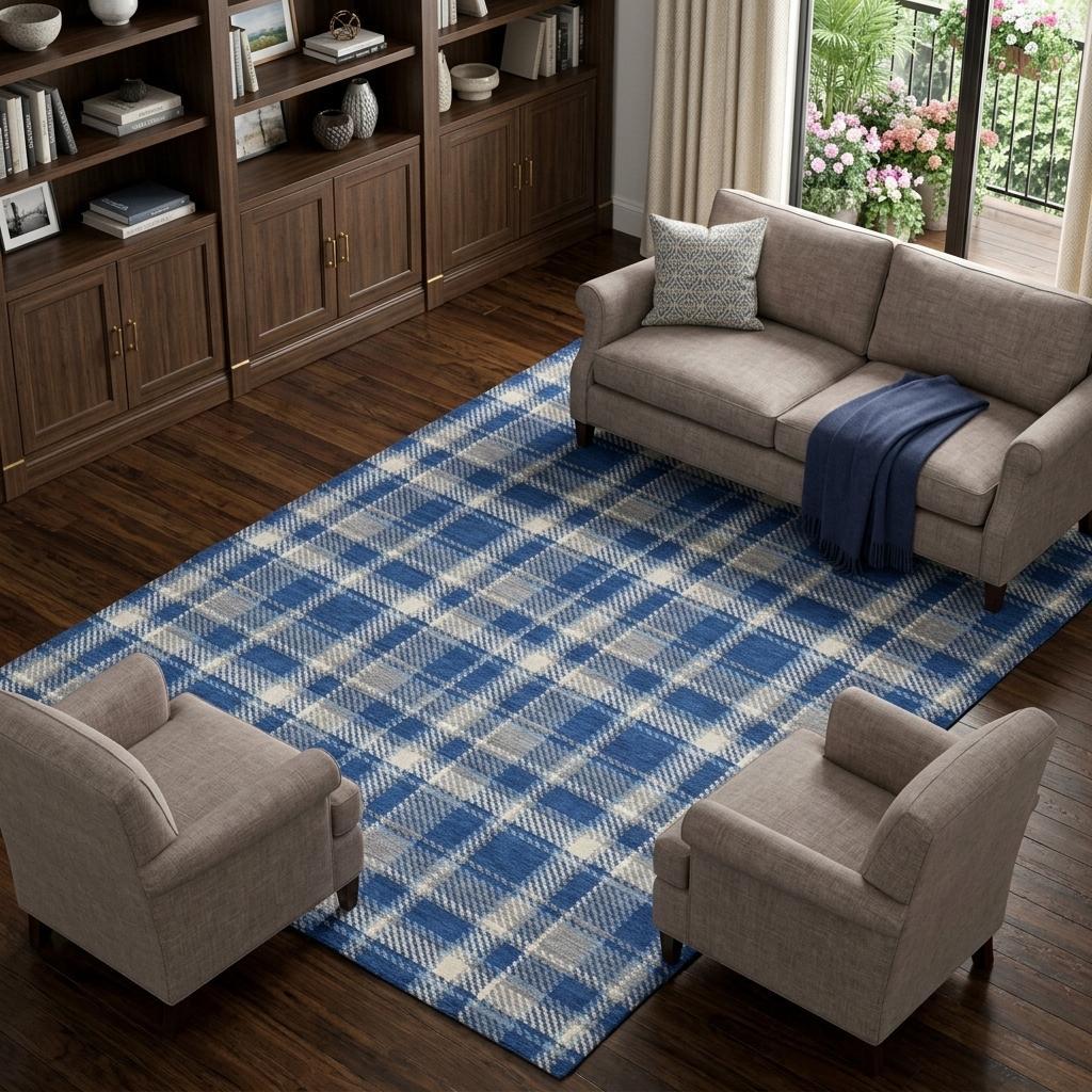 8' X 10' Navy Blue And Denim Blue Plaid Shag Washable Area Rug With UV Protection - HomeRoots - Flyclothing LLC