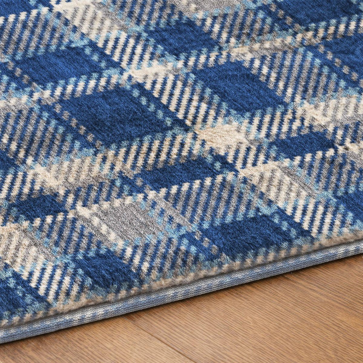 8' X 10' Navy Blue And Denim Blue Plaid Shag Washable Area Rug With UV Protection - HomeRoots - Flyclothing LLC