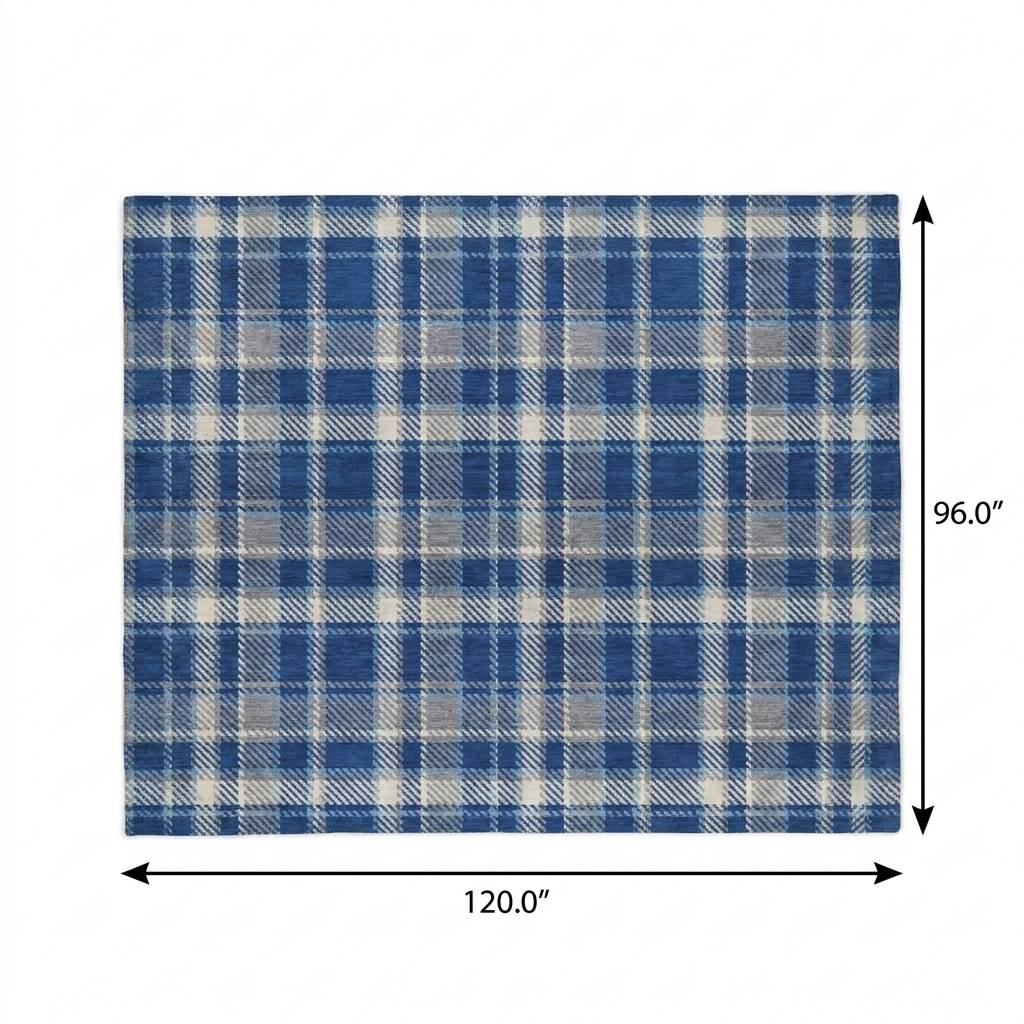 8' X 10' Navy Blue And Denim Blue Plaid Shag Washable Area Rug With UV Protection - HomeRoots - Flyclothing LLC