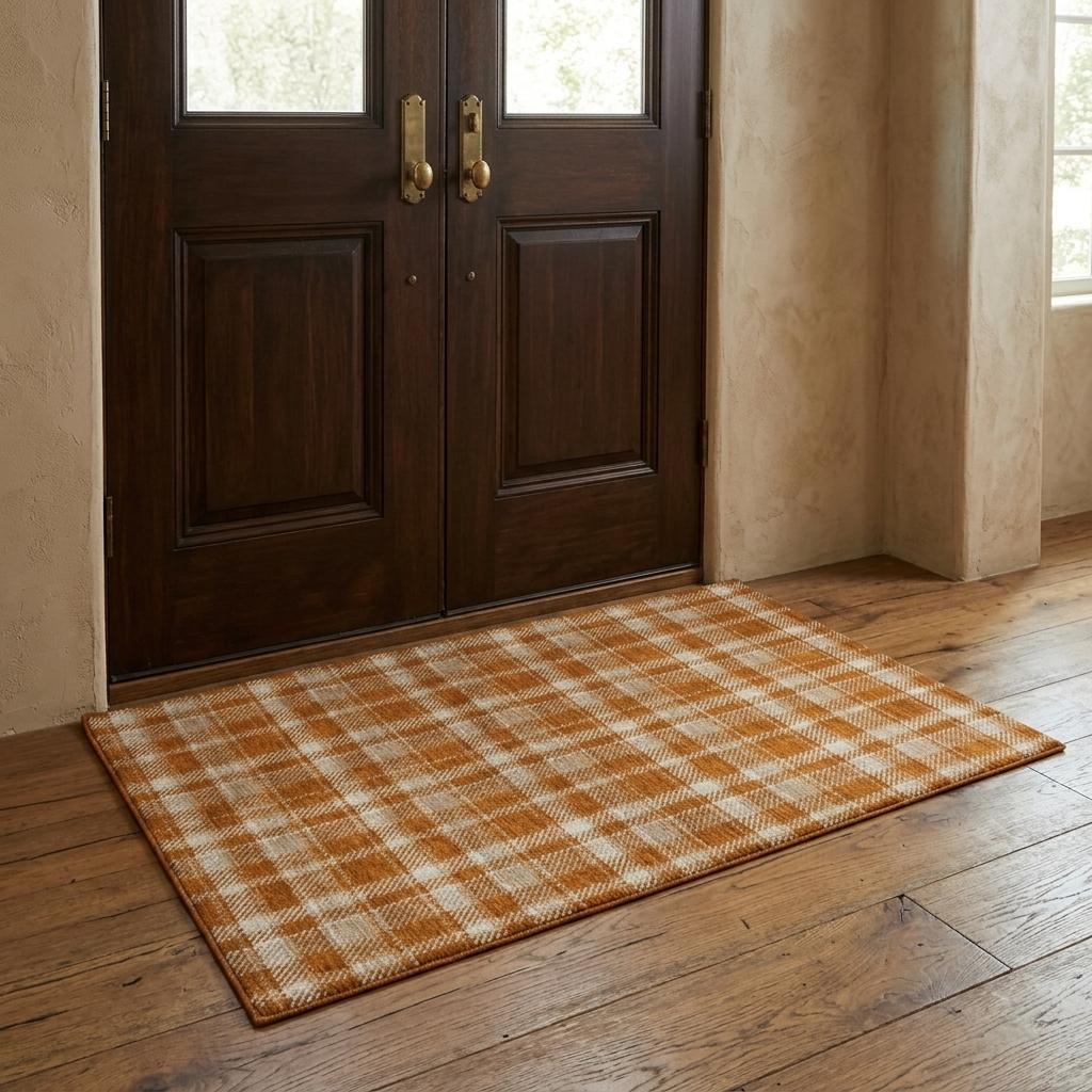 3' X 5' Orange And Taupe Plaid Shag Washable Area Rug With UV Protection - HomeRoots - Flyclothing LLC