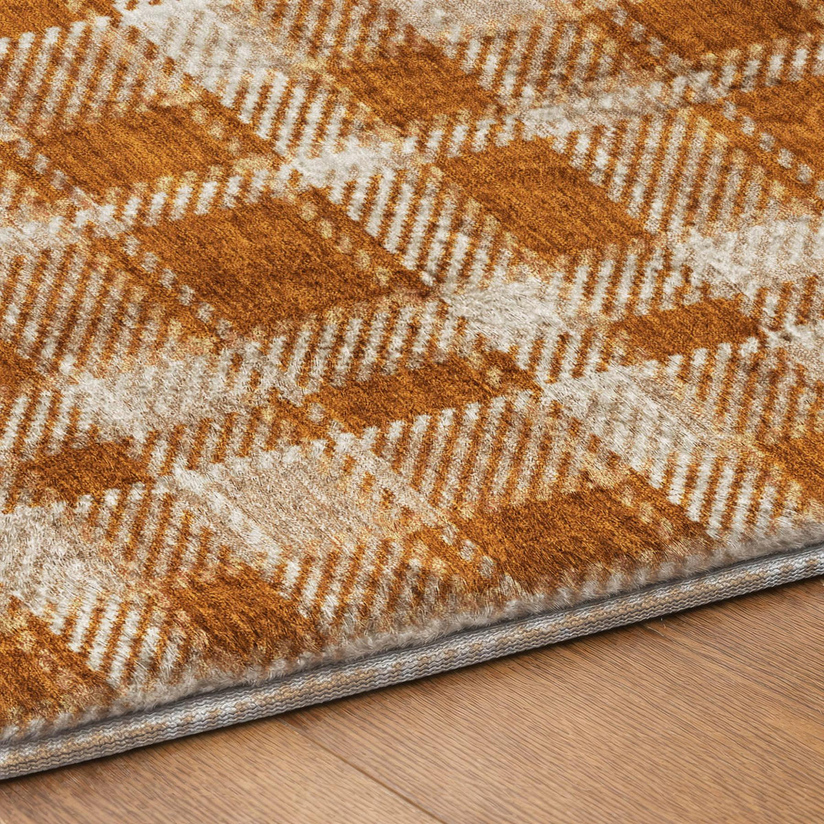 3' X 5' Orange And Taupe Plaid Shag Washable Area Rug With UV Protection - HomeRoots - Flyclothing LLC