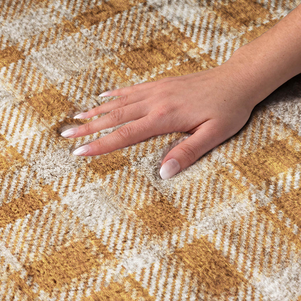 3' X 5' Orange And Taupe Plaid Shag Washable Area Rug With UV Protection - HomeRoots - Flyclothing LLC