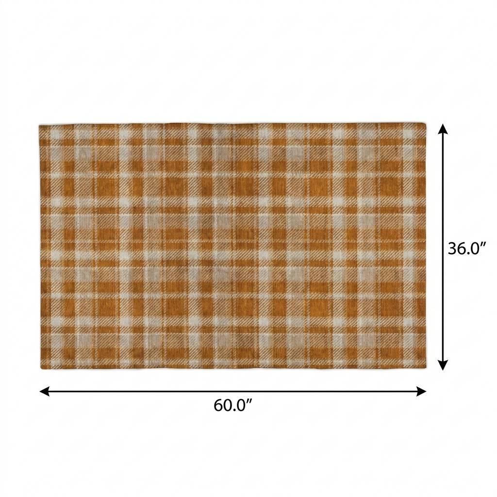 3' X 5' Orange And Taupe Plaid Shag Washable Area Rug With UV Protection - HomeRoots - Flyclothing LLC
