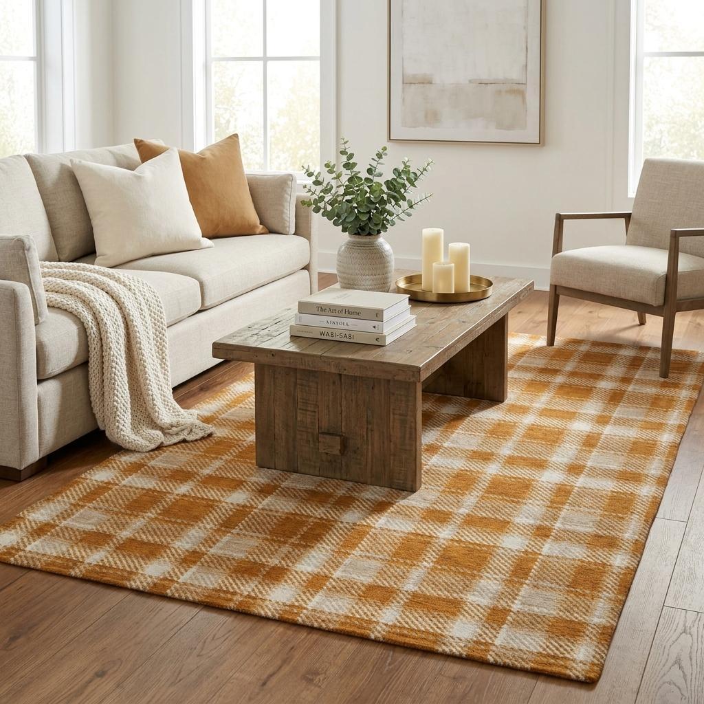 5' X 8' Orange And Taupe Plaid Shag Washable Area Rug With UV Protection - HomeRoots - Flyclothing LLC