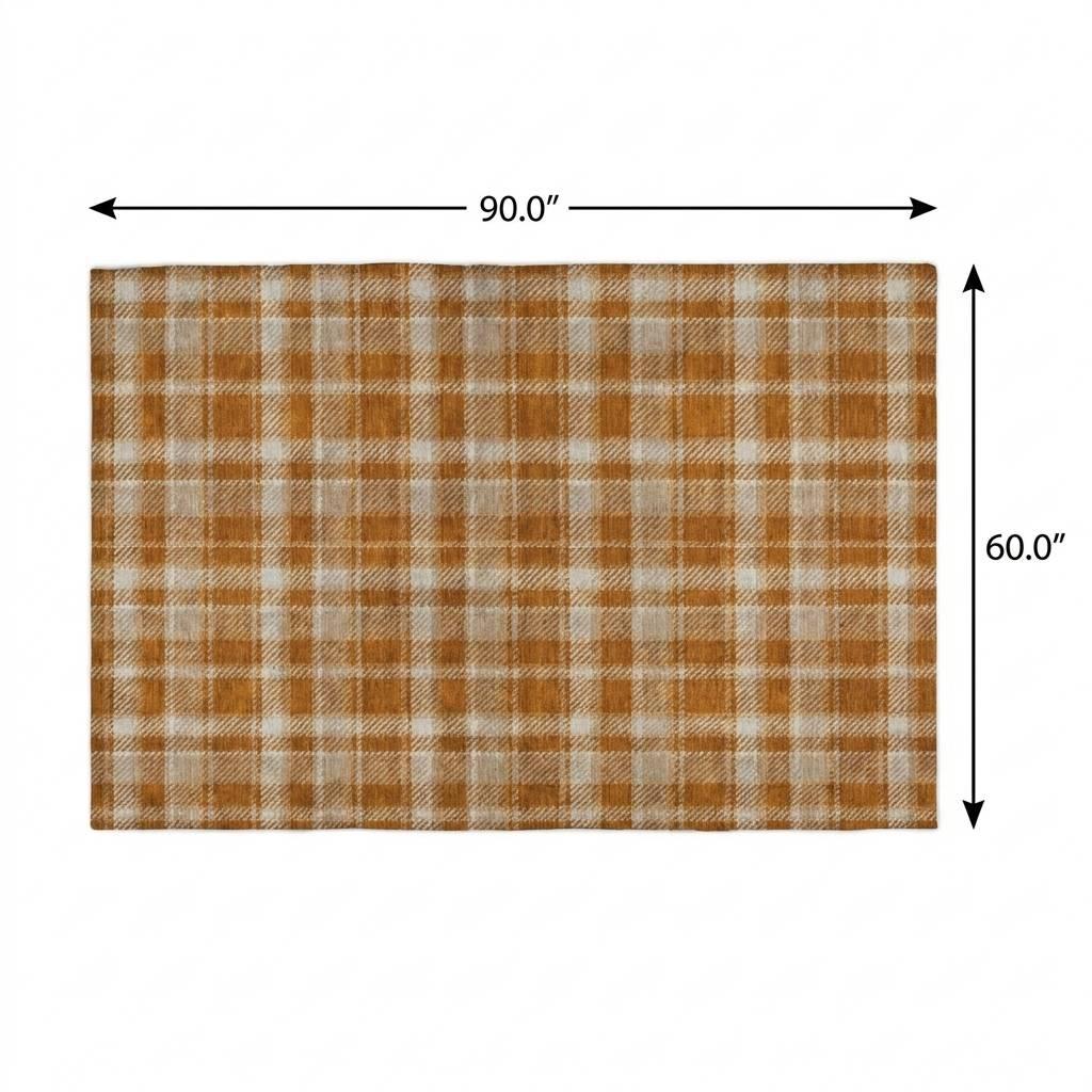 5' X 8' Orange And Taupe Plaid Shag Washable Area Rug With UV Protection - HomeRoots - Flyclothing LLC