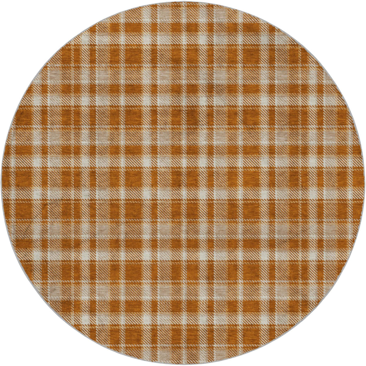 8' Orange And Taupe Plaid Shag Washable Round Rug With UV Protection - HomeRoots - Flyclothing LLC