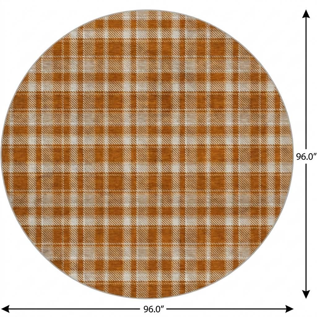 8' Orange And Taupe Plaid Shag Washable Round Rug With UV Protection - HomeRoots - Flyclothing LLC