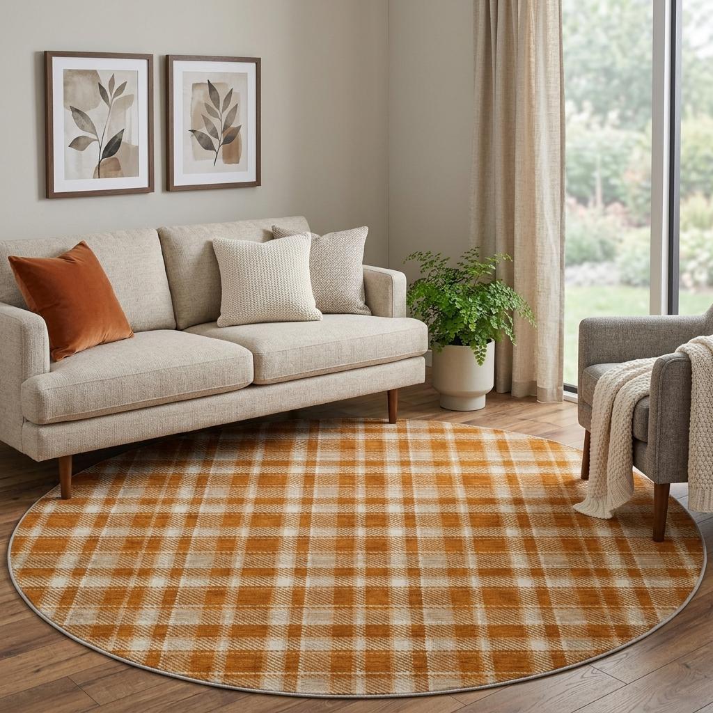 8' Orange And Taupe Plaid Shag Washable Round Rug With UV Protection - HomeRoots - Flyclothing LLC