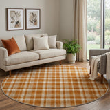 8' Orange And Taupe Plaid Shag Washable Round Rug With UV Protection - HomeRoots - Flyclothing LLC