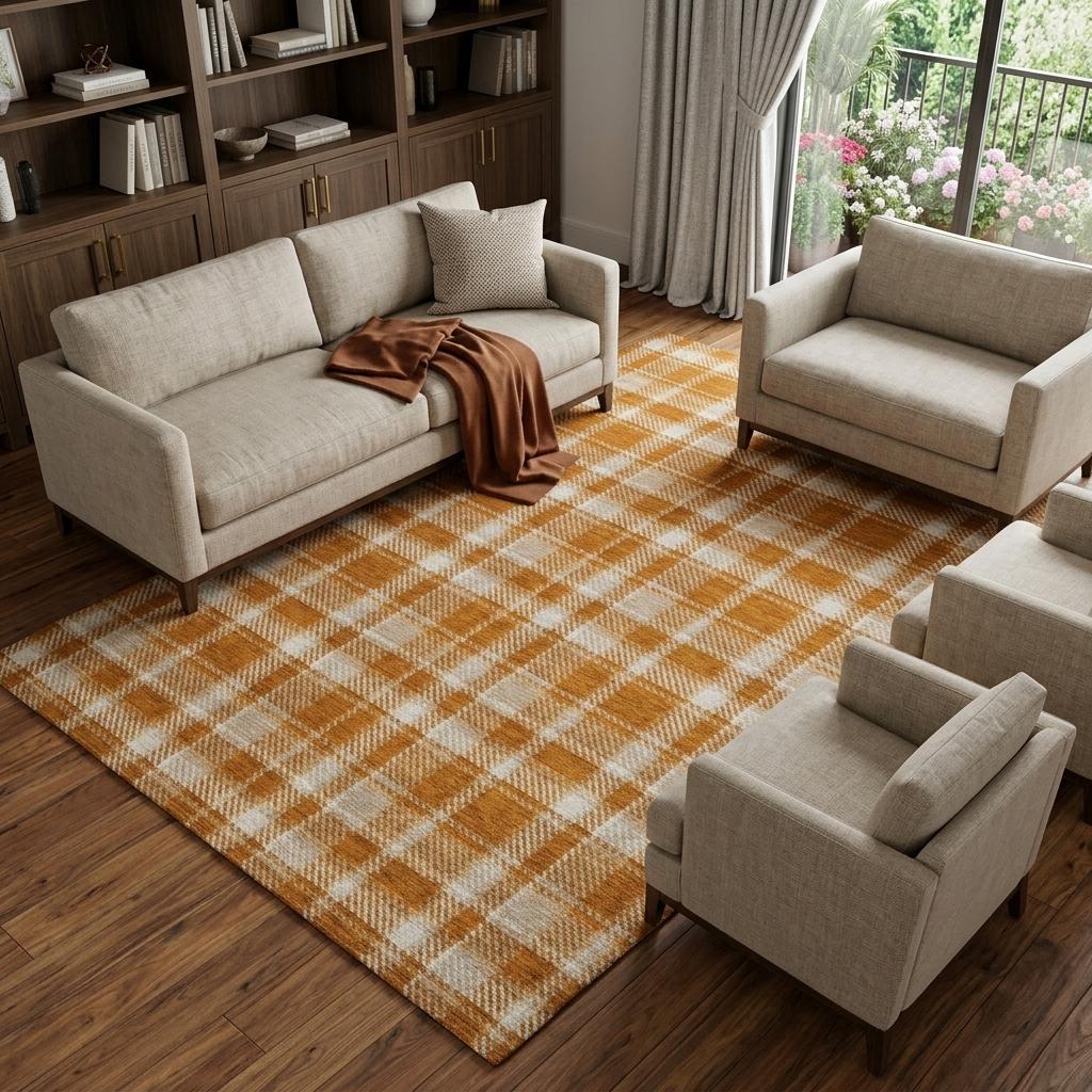 9' X 12' Orange And Taupe Plaid Shag Washable Area Rug With UV Protection - HomeRoots - Flyclothing LLC