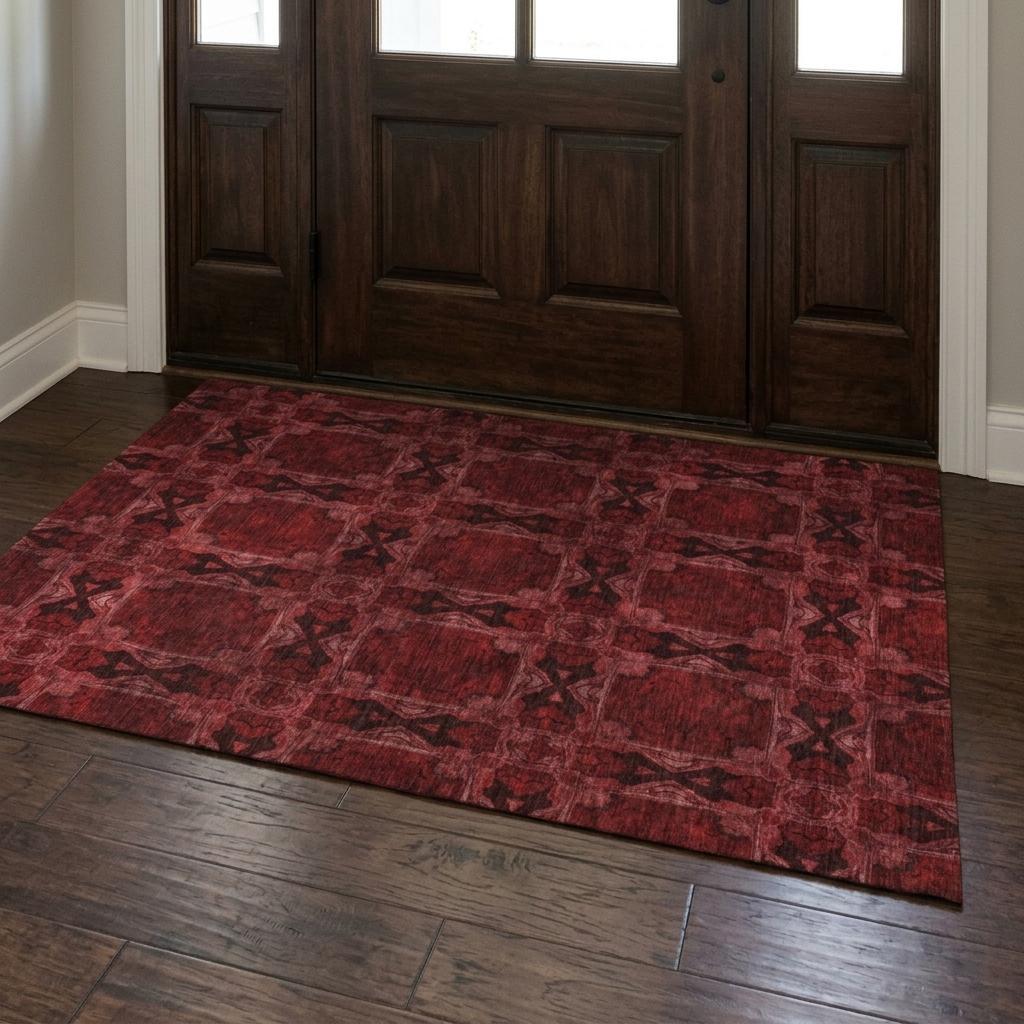 3' X 5' Burgundy And Red Geometric Shag Washable Area Rug With UV Protection - HomeRoots - Flyclothing LLC