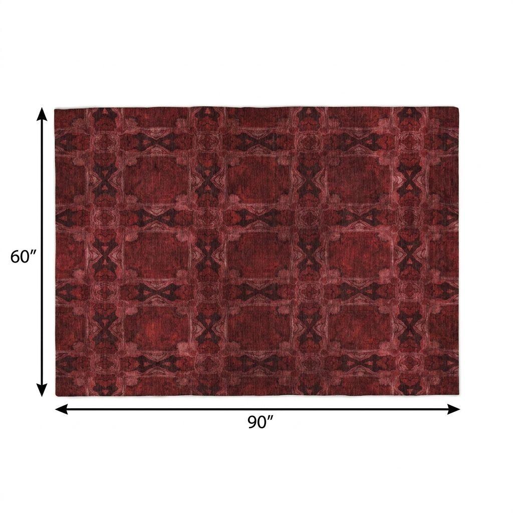 5' X 8' Burgundy And Red Geometric Shag Washable Area Rug With UV Protection - HomeRoots - Flyclothing LLC