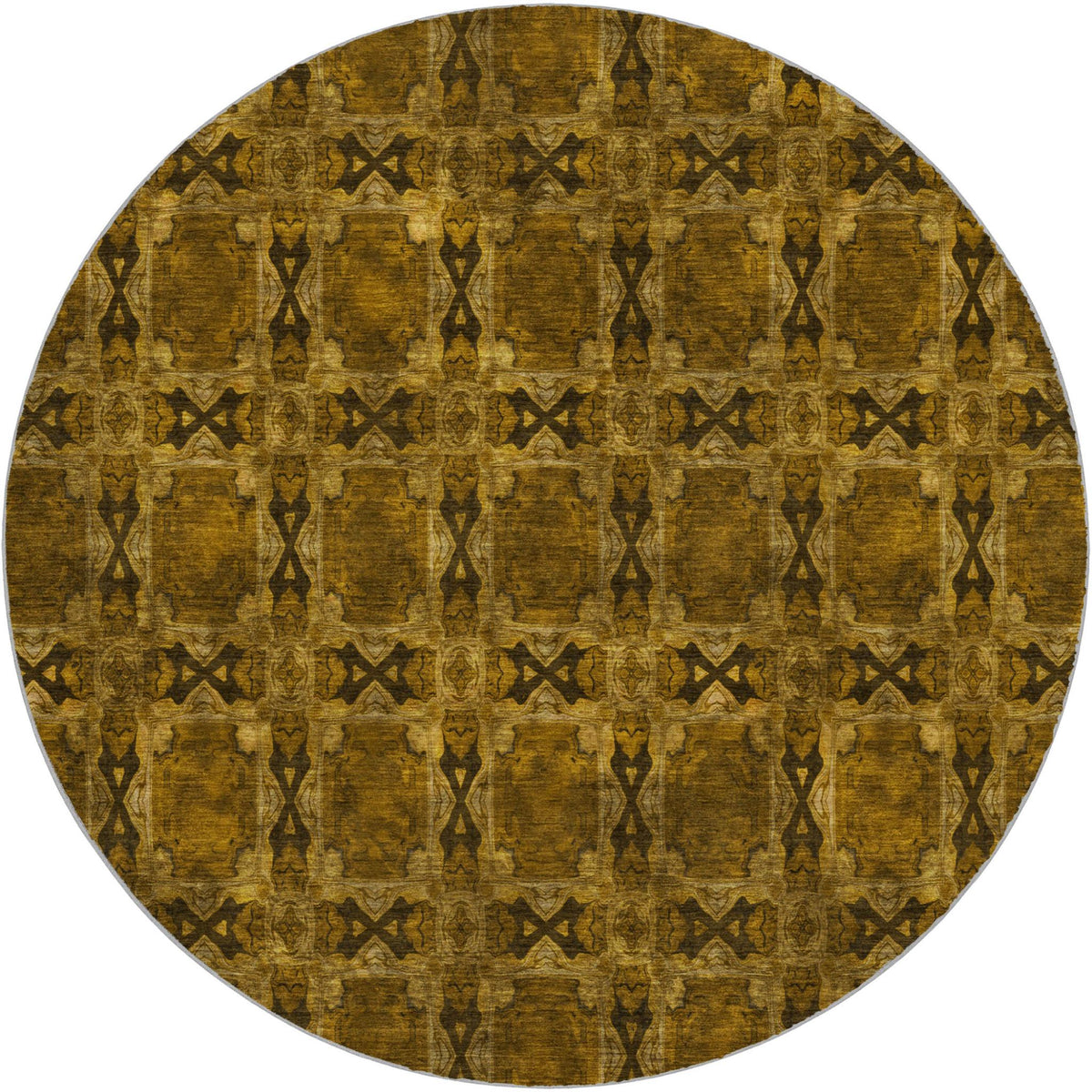 8' Chocolate And Gold Geometric Shag Washable Round Rug With UV Protection - HomeRoots - Flyclothing LLC