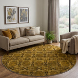 8' Chocolate And Gold Geometric Shag Washable Round Rug With UV Protection - HomeRoots - Flyclothing LLC