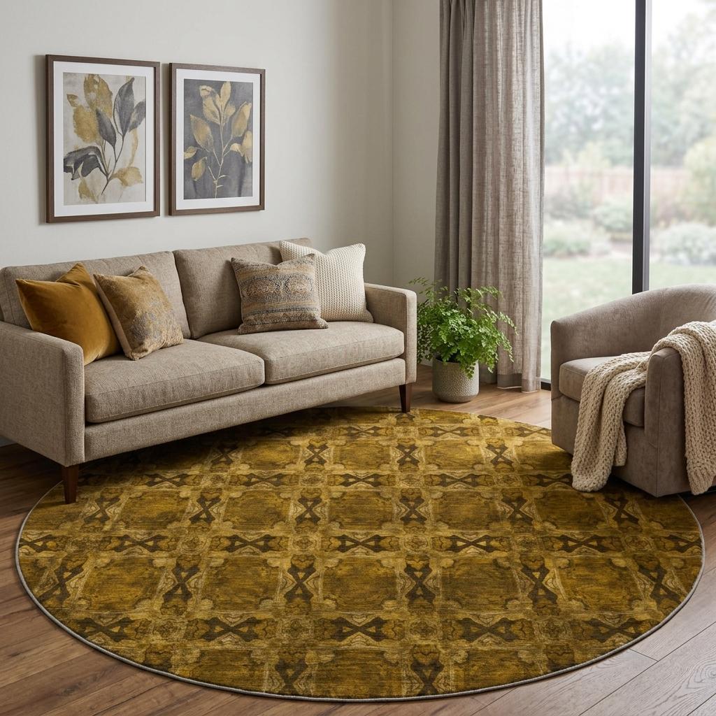 8' Chocolate And Gold Geometric Shag Washable Round Rug With UV Protection - HomeRoots - Flyclothing LLC