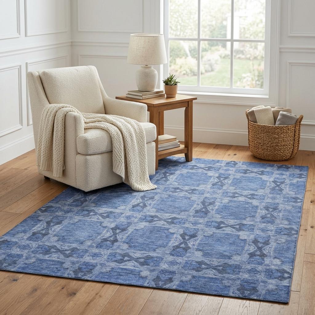 5' X 8' Denim Blue And Navy Blue Geometric Shag Washable Area Rug With UV Protection - HomeRoots - Flyclothing LLC
