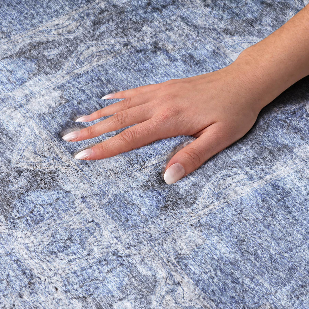 5' X 8' Denim Blue And Navy Blue Geometric Shag Washable Area Rug With UV Protection - HomeRoots - Flyclothing LLC