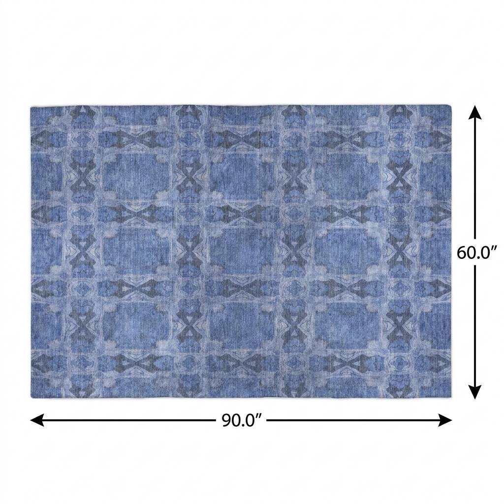 5' X 8' Denim Blue And Navy Blue Geometric Shag Washable Area Rug With UV Protection - HomeRoots - Flyclothing LLC