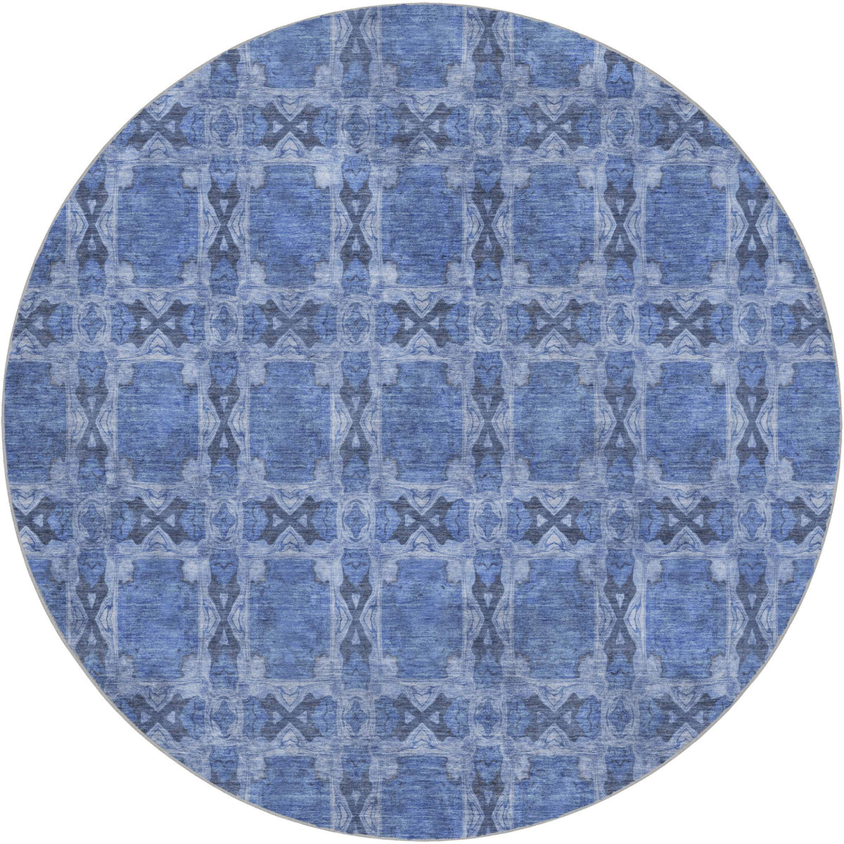 8' Denim Blue And Navy Blue Geometric Shag Washable Round Rug With UV Protection - HomeRoots - Flyclothing LLC