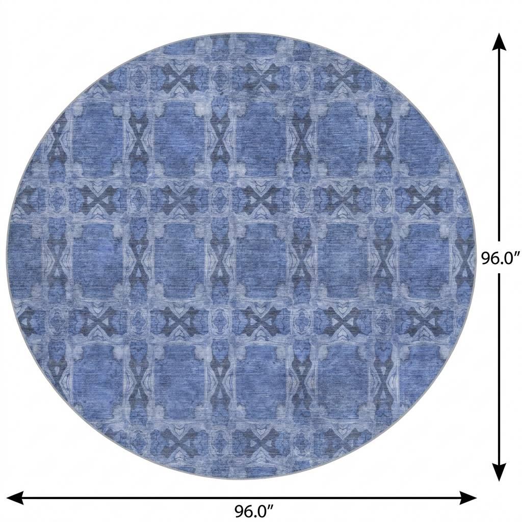 8' Denim Blue And Navy Blue Geometric Shag Washable Round Rug With UV Protection - HomeRoots - Flyclothing LLC