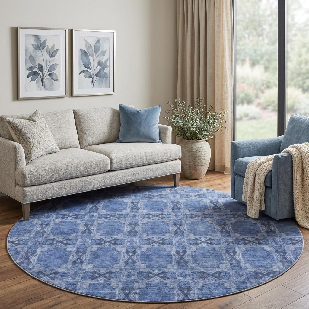8' Denim Blue And Navy Blue Geometric Shag Washable Round Rug With UV Protection - HomeRoots - Flyclothing LLC
