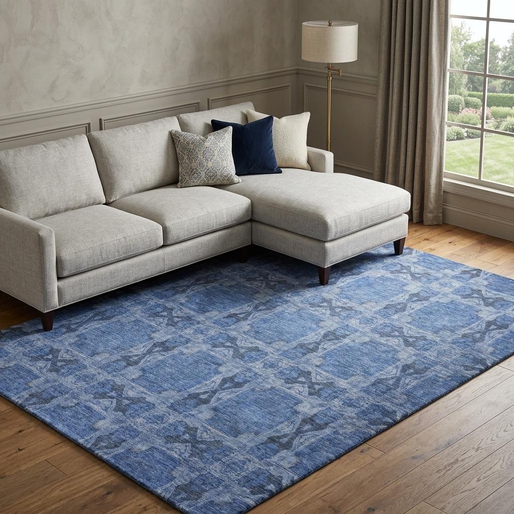 8' X 10' Denim Blue And Navy Blue Geometric Shag Washable Area Rug With UV Protection - HomeRoots - Flyclothing LLC