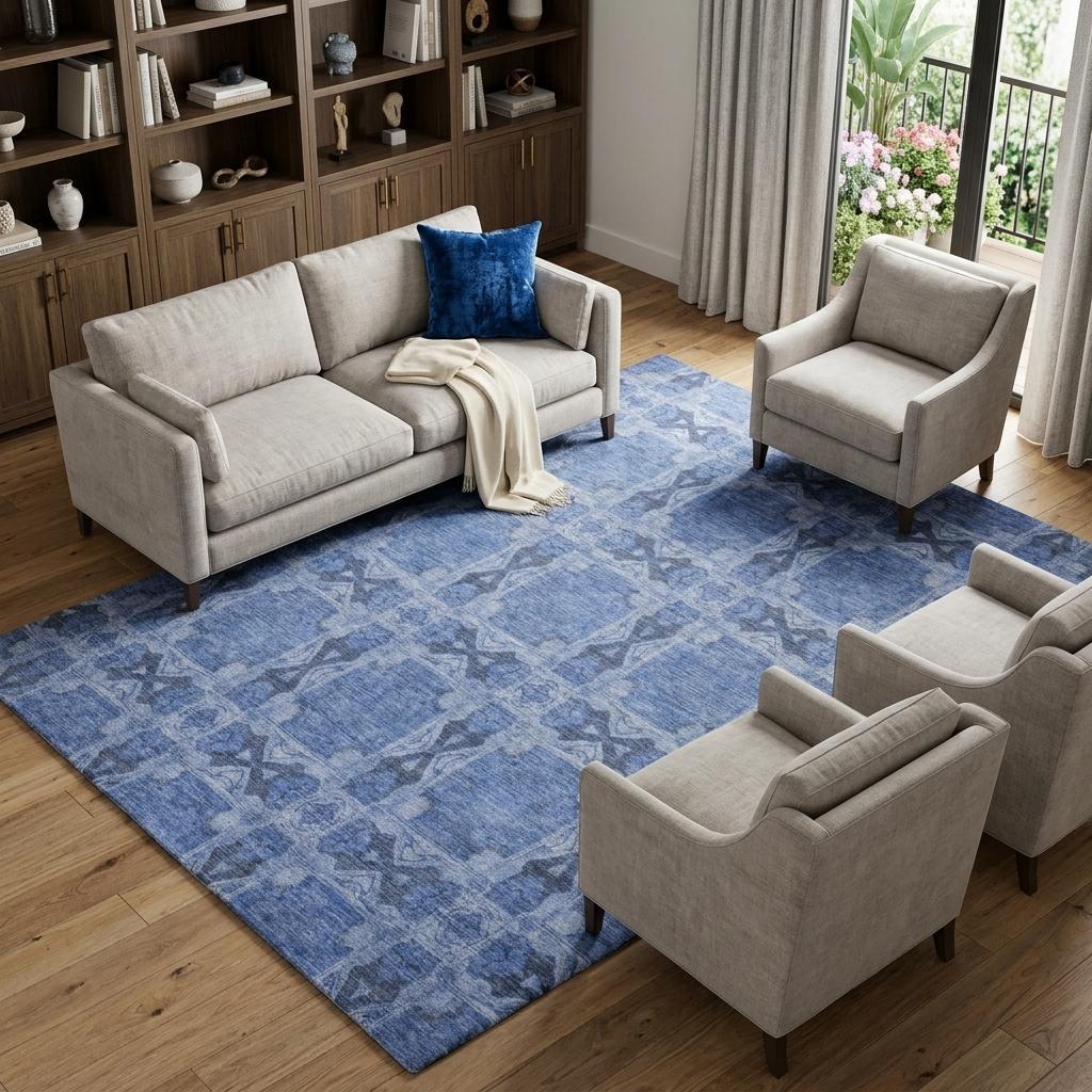 10' X 14' Denim Blue And Navy Blue Geometric Shag Washable Area Rug With UV Protection - HomeRoots - Flyclothing LLC
