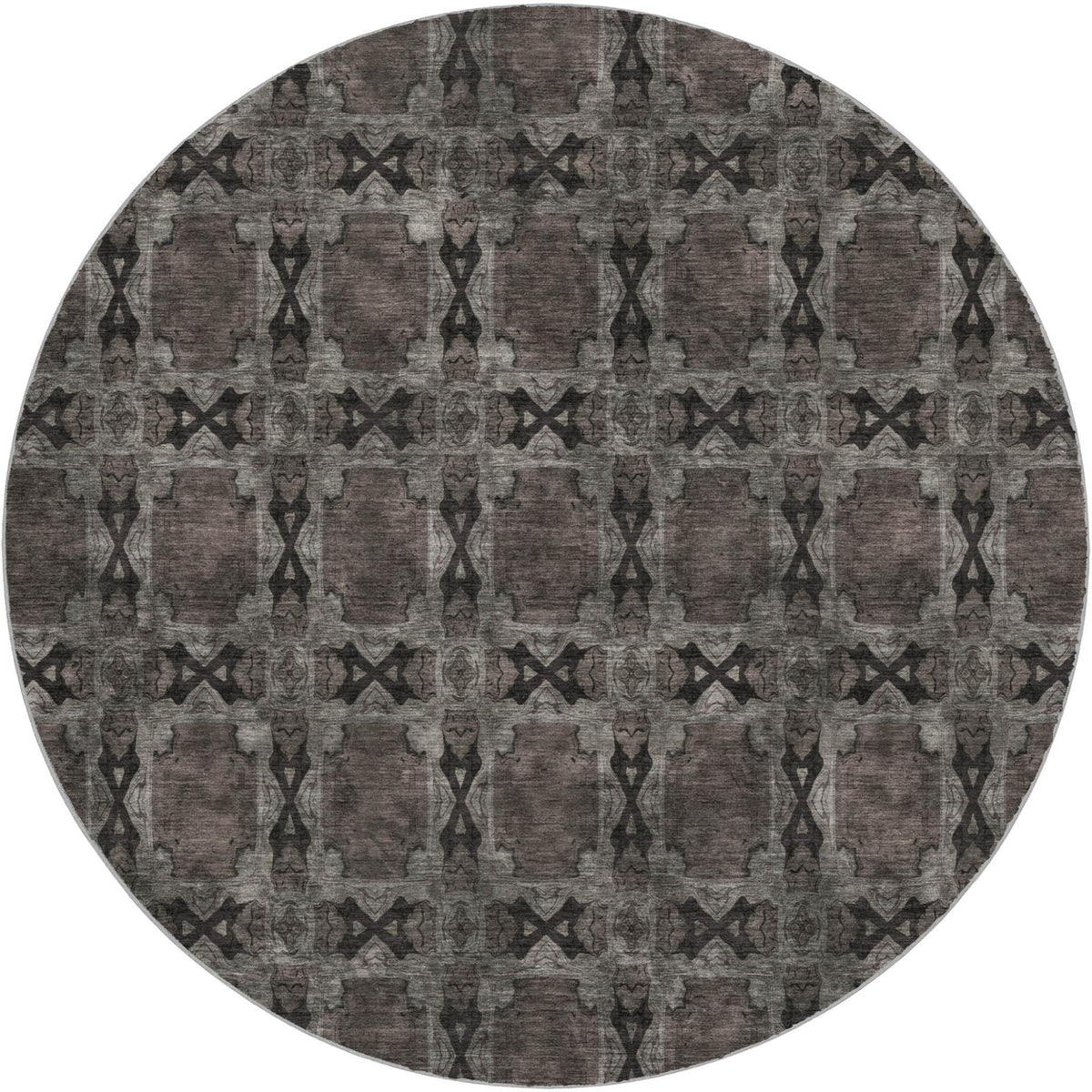 8' Gray And Charcoal Geometric Shag Washable Round Rug With UV Protection - HomeRoots - Flyclothing LLC