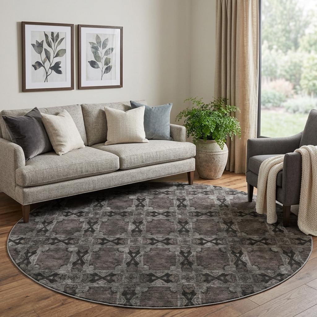 8' Gray And Charcoal Geometric Shag Washable Round Rug With UV Protection - HomeRoots - Flyclothing LLC