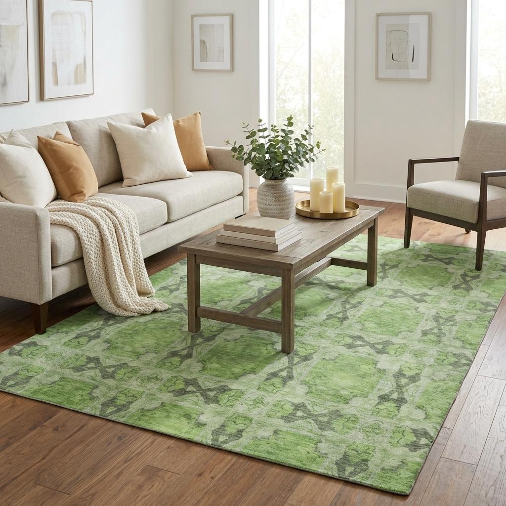5' X 8' Green And Fern Green Geometric Shag Washable Area Rug With UV Protection - HomeRoots - Flyclothing LLC