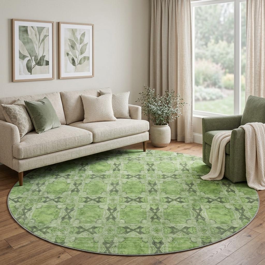 8' Green And Fern Green Geometric Shag Washable Round Rug With UV Protection - HomeRoots - Flyclothing LLC